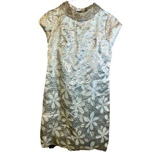 VTG 60S ILGWU Dress Tinsel Metallic Brocade Floral Evening Party Shiny blue